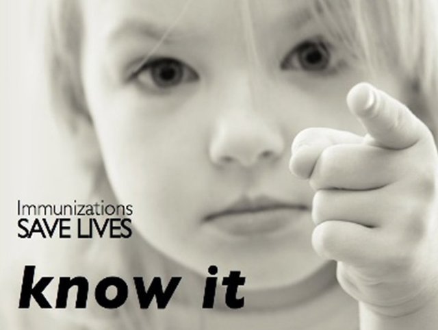 Image: Young girl pointing finger towards you Text: Immunization Saves Lives - Know It