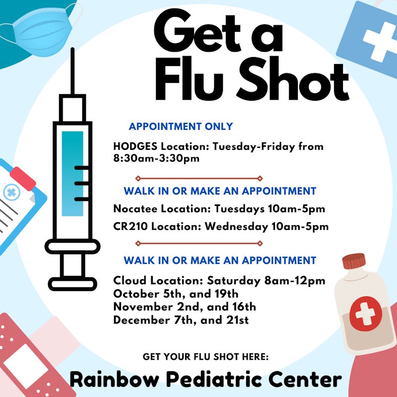 Popup banner displaying the following text: "Get a Flu Shot APPOINTMENT ONLY HODGES Location: Tuesday-Friday from 8:30am-3:30pm ◇ WALK IN OR MAKE AN APPOINTMENT Nocatee Location: Tuesdays 10am-5pm CR210 Location: Wednesday 10am-5pm ◇ WALK IN OR MAKE AN APPOINTMENT Cloud Location: Saturday 8am-12pm October 5th, and 19th November 2nd, and 16th December 7th, and 21st GET YOUR FLU SHOT HERE"